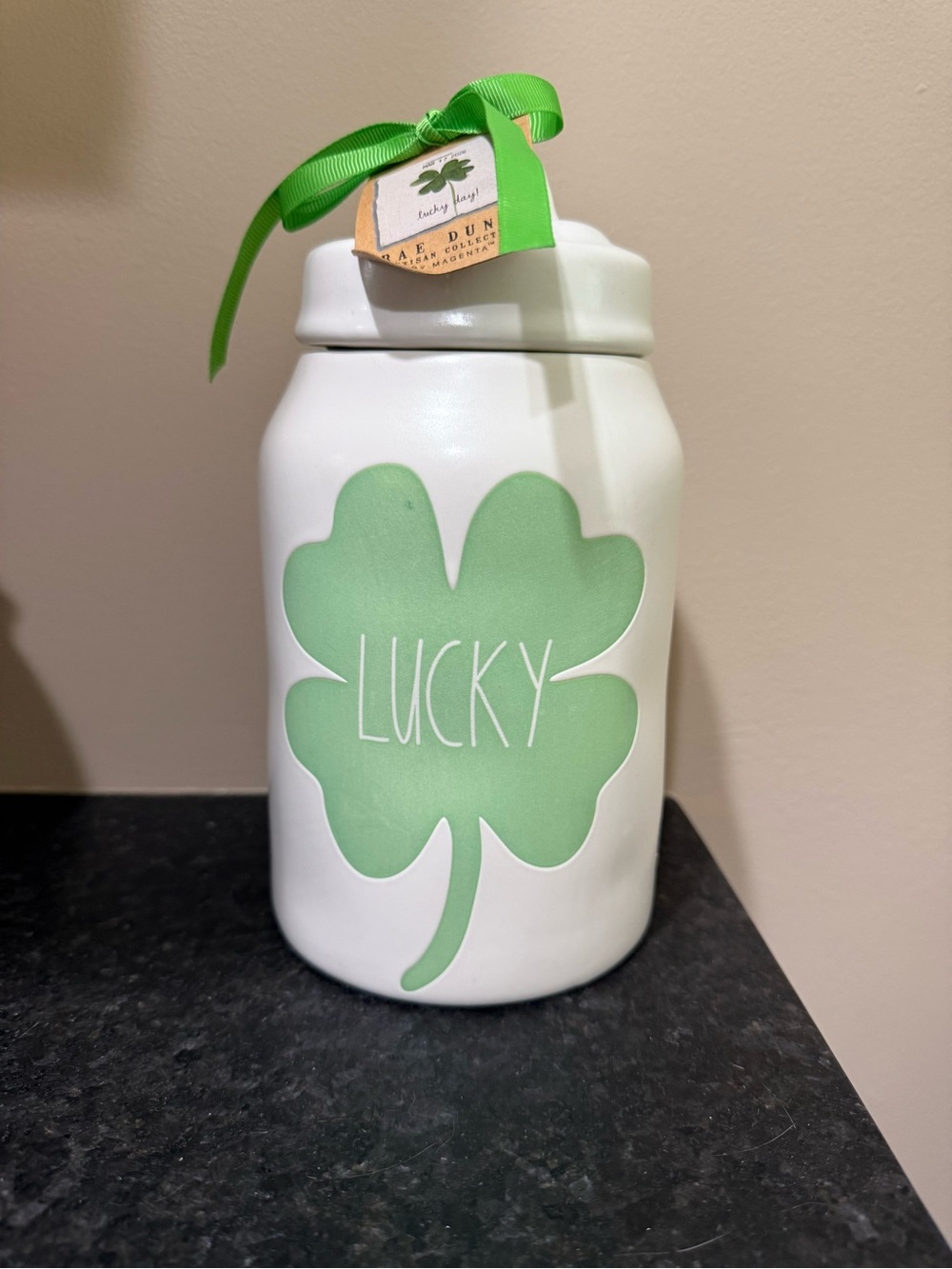 Rae Dunn White Ceramic Canister with Green Clover